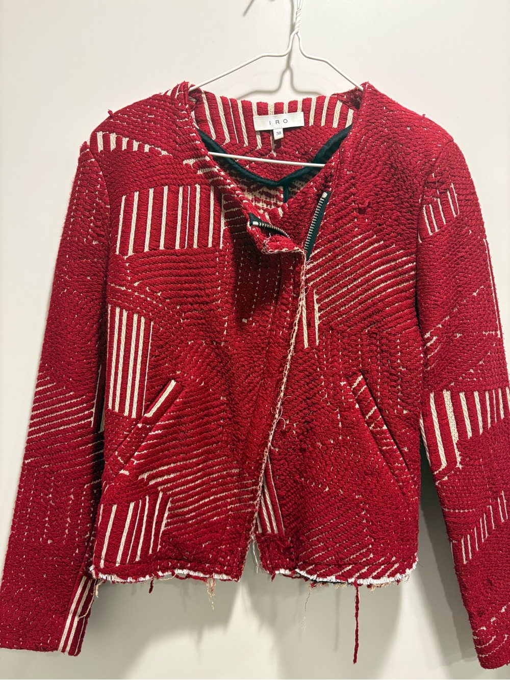 IRO Crimson Red Textured Tweed Zip Jacket